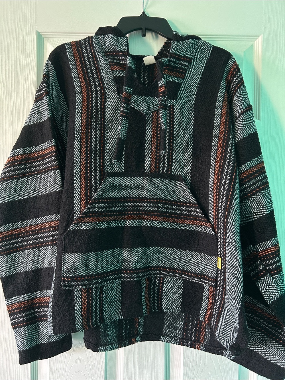 Vintage Black, Grey, and Orange Molina Mexica Baja Drug Rug Poncho Hoodie Size L